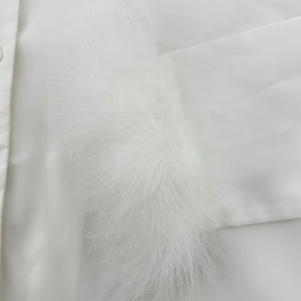 Womens White Faux‎ Feather Trim Pajama Sleep Shirt Button Down Sleepwear Top S